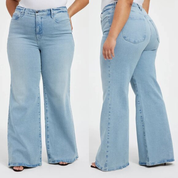 Good American Good Waist Palazzo Jeans Light Blue Size 16 Plus Wide Leg HighRise - Picture 2 of 11